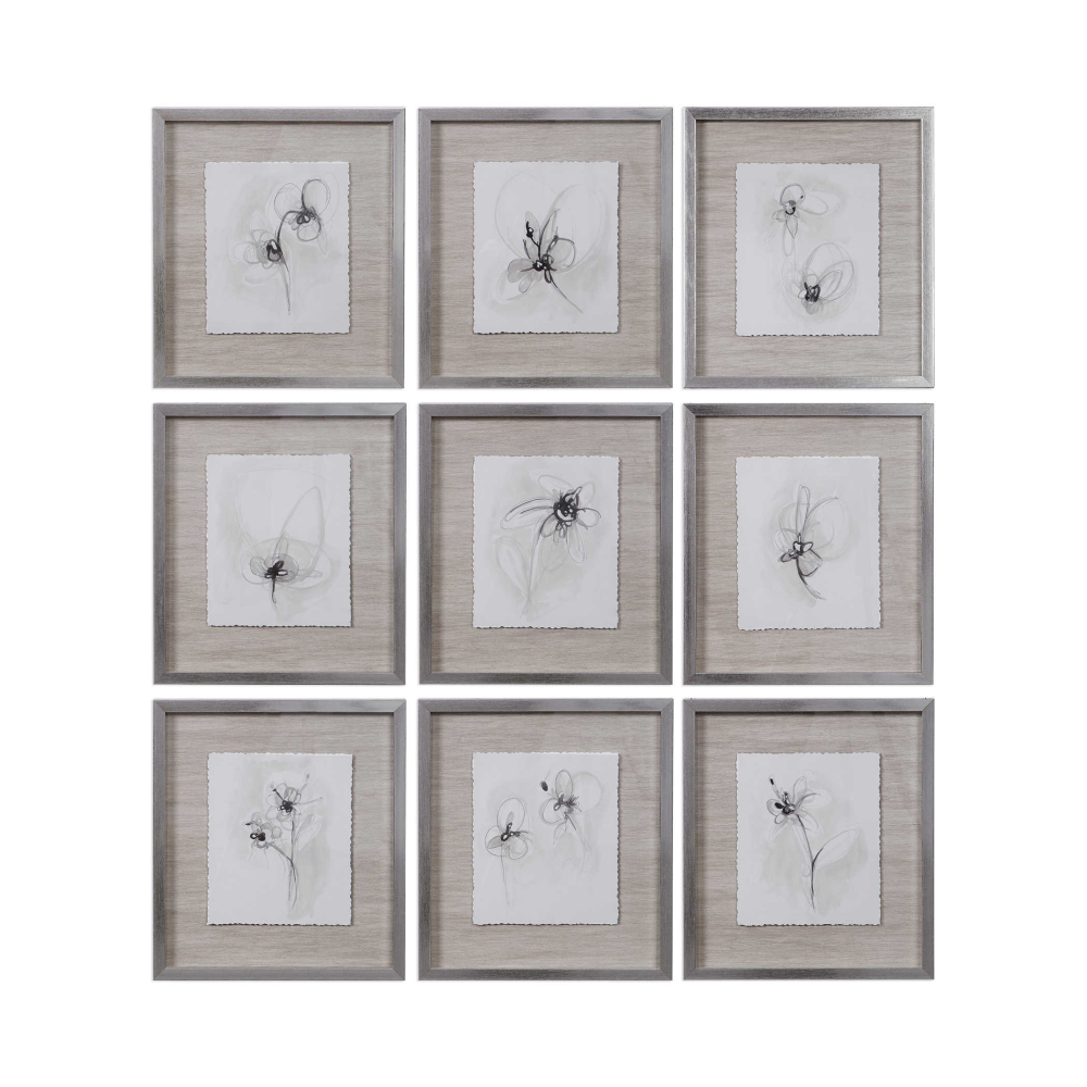 Monochromatic Floral Sketches – Set of 9 Framed Prints – Exquisite Living